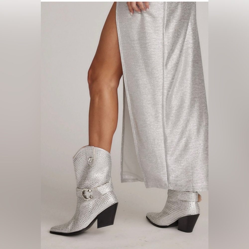 Azalea Wang Federica Silver Rhinestone Western Bootie